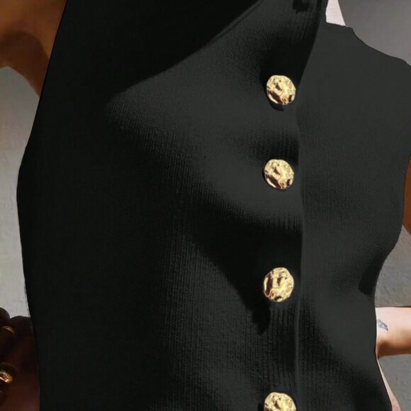 Black Casual Women's Metal Button Open Front Sleeveless Jacket - Picture 1 of 9